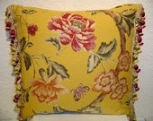 Handmade Pillow with Red & Gold Floral Tapestry and Fringe