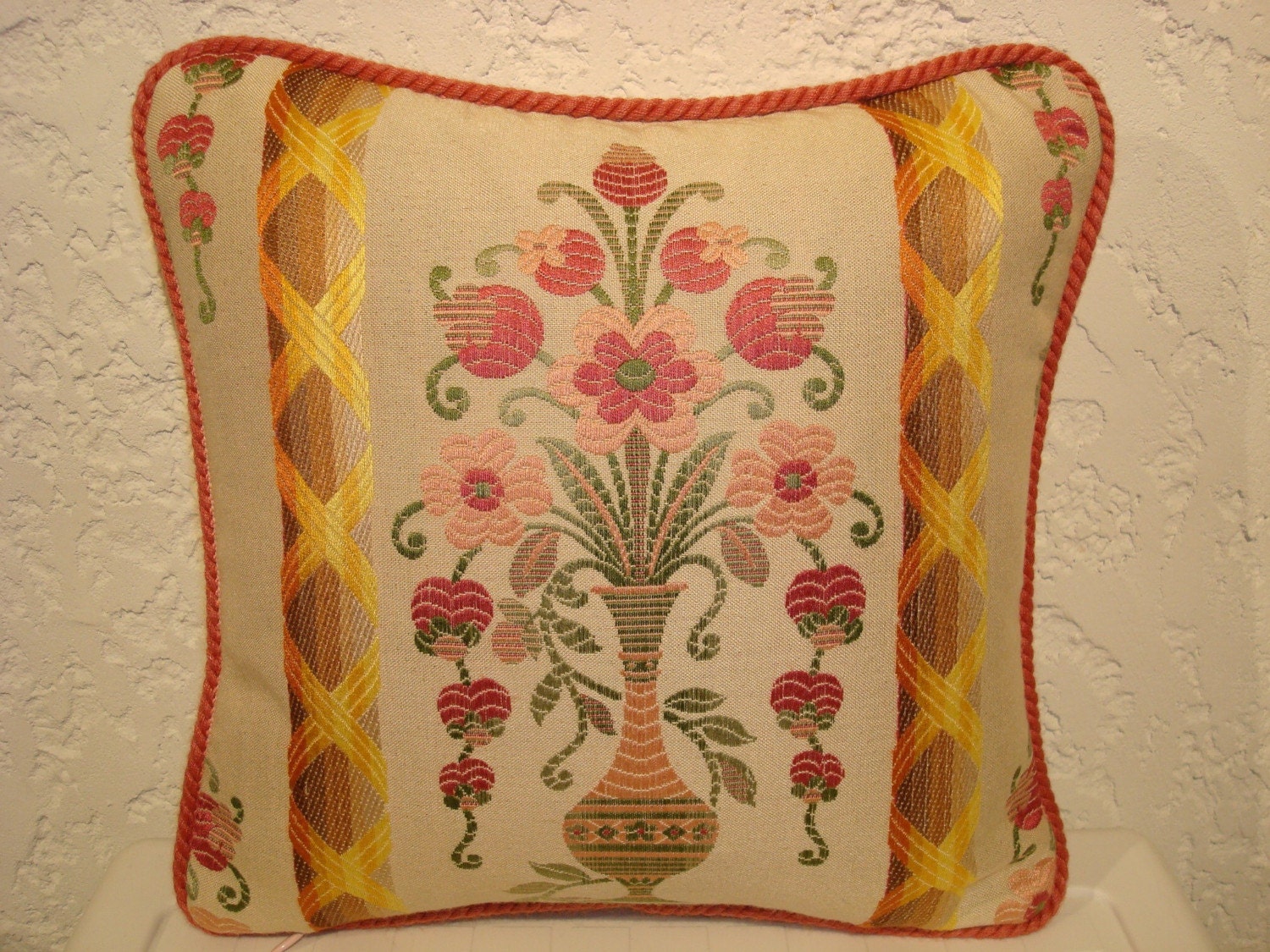 Pink Floral Brocade Accent Pillow with Cording