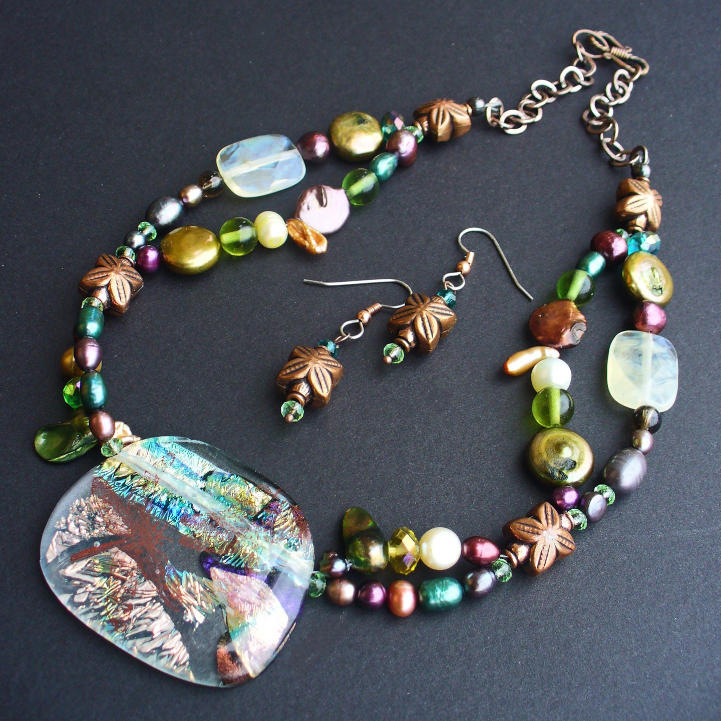 Dragonfly Garden Dichroic glass and natural stones necklace and earring set