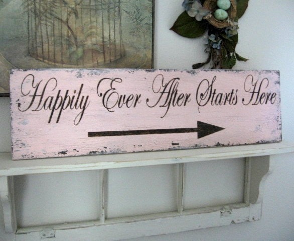 HAPPILY EVER AFTER Starts Here with Arrow Shabby Cottage Wedding Signs 32 x 8 1/2 Handpainted / No Vinyl