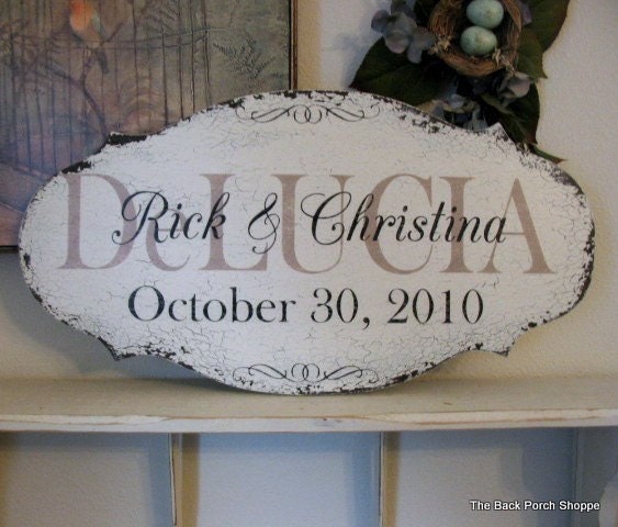 CUSTOM WEDDING SIGN w/Names and Date Shabby Cottage Vintage Style 24 x 12 1/2