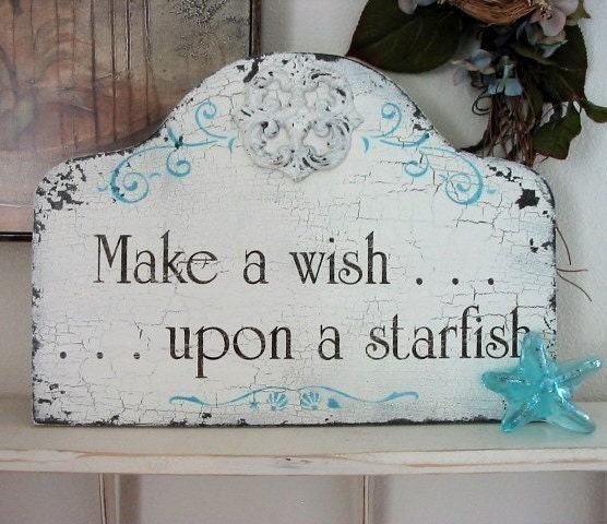 MAKE A WISH Upon A STARFISH Shabby Beach Cottage Chic Vintage Style Signs 17 x 12