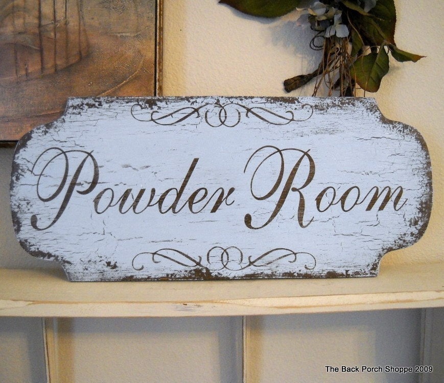 POWDER ROOM Shabby Cottage Bathroom Vintage Inspired Signs 18 x 8
