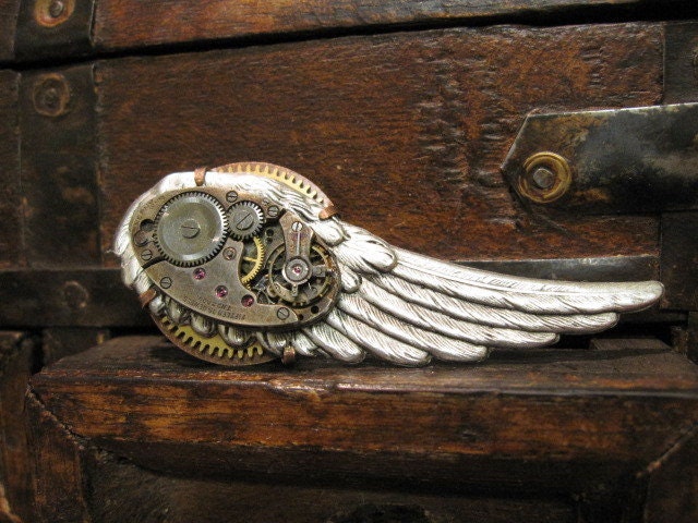 Steampunk Clockworks Brooch - a wing of steampunk - unisex - exclusive original design of Days Long Gone - DaysLongGone