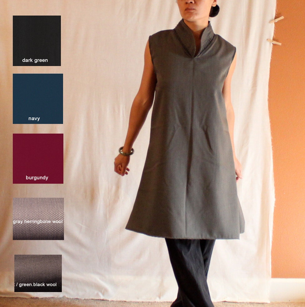 custom detailed chipao collar wool tunic dress