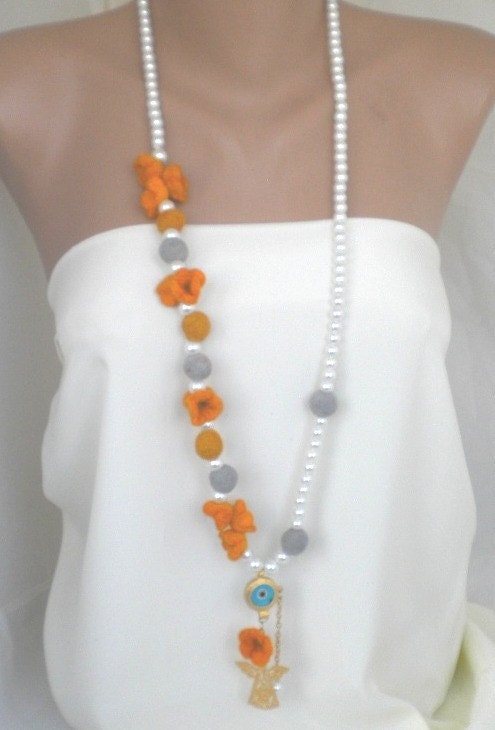Halloween Glass pearls  with felt daisy flowers handmade
