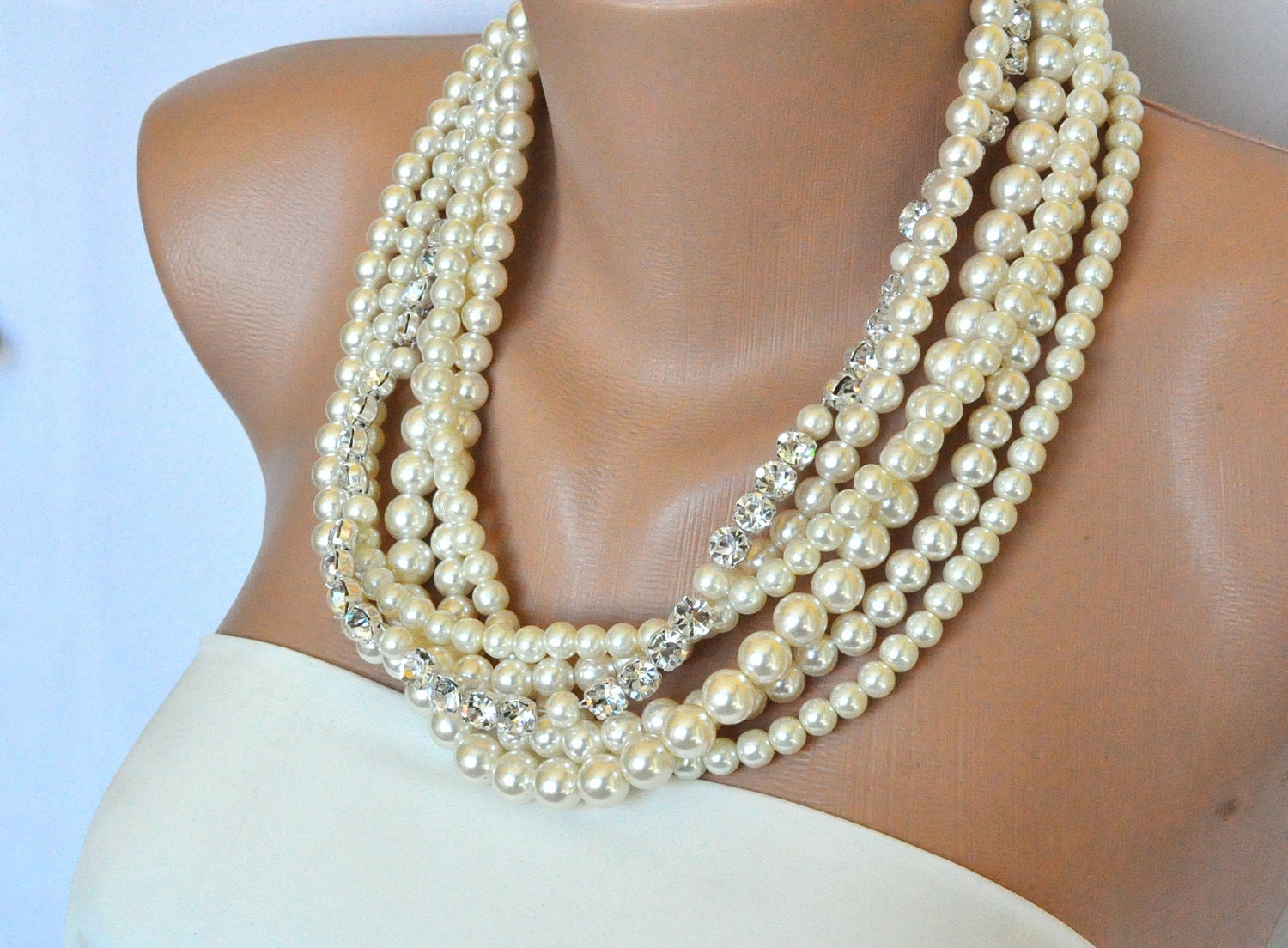 Brides  Wedding Ivory Pearl Necklace with Swarovski Crystal Rhinestones