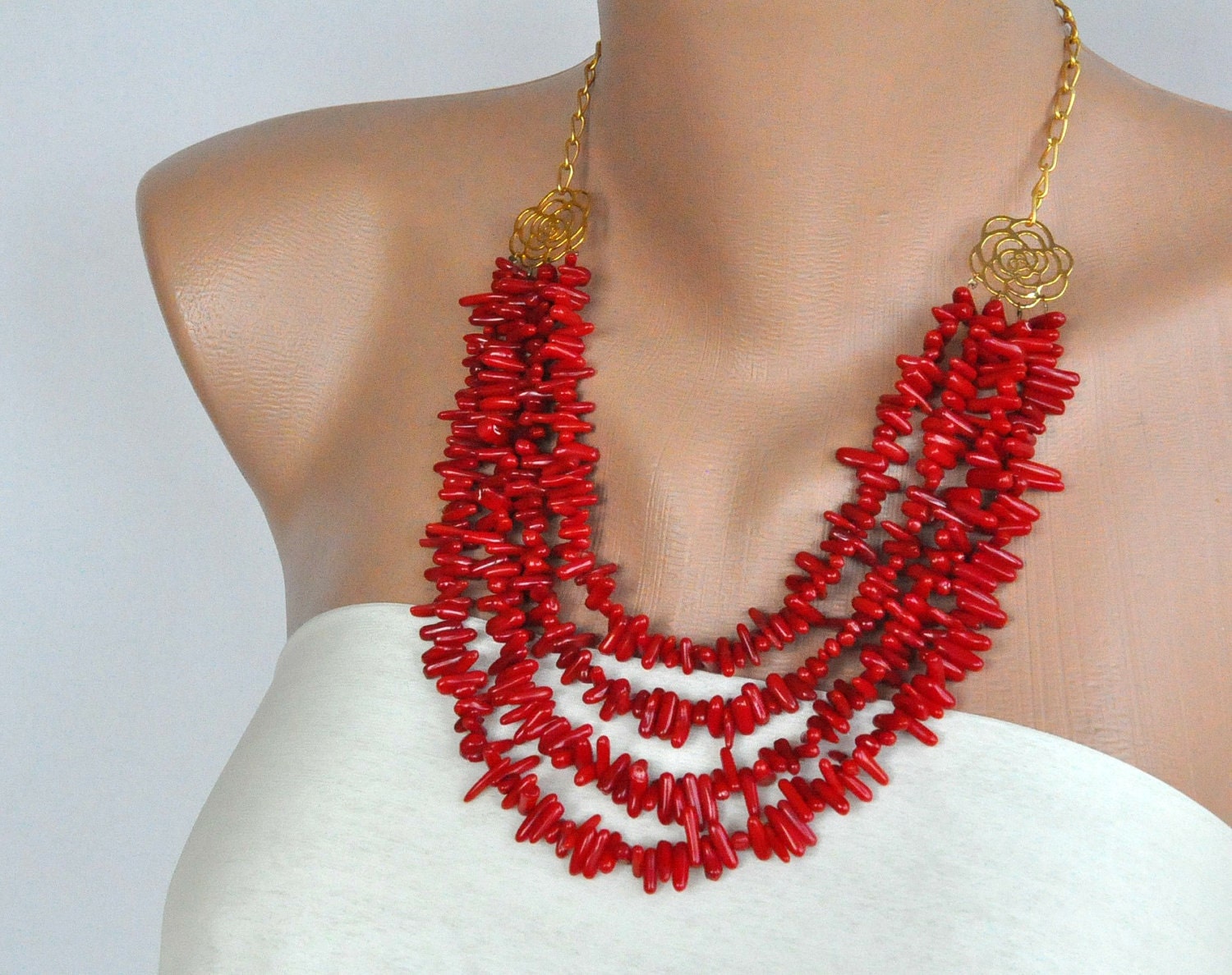 Coral Necklace with Gold Plated Flowers