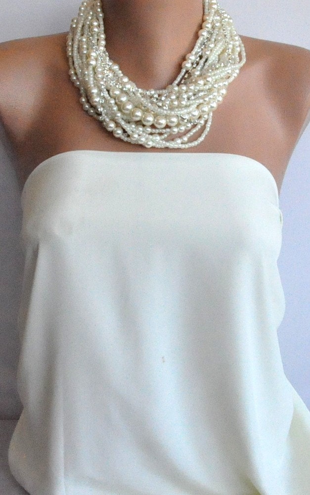 Chunky Layered Ivory Pearl Necklace with Rhinestones brides bridesmaids
