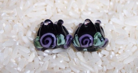 Glass Lampwork Beads Black Lavender Rose Buds SRA 384 by CC Design