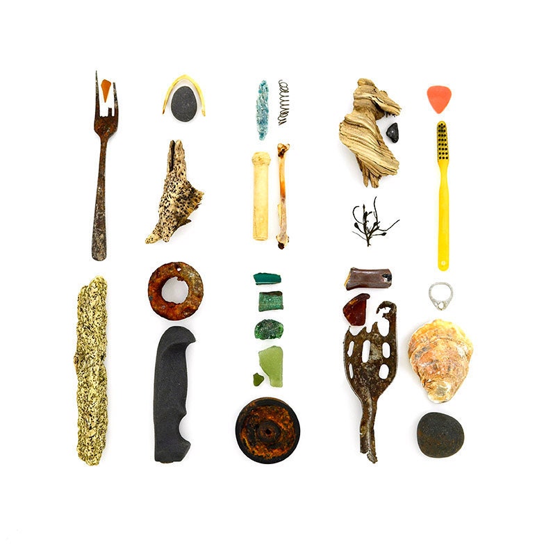Beachcombing series No. 27, 8x8 photo - Found Objects, Bar Harbor, Maine - driftwood, seaglass, shell, beach stone