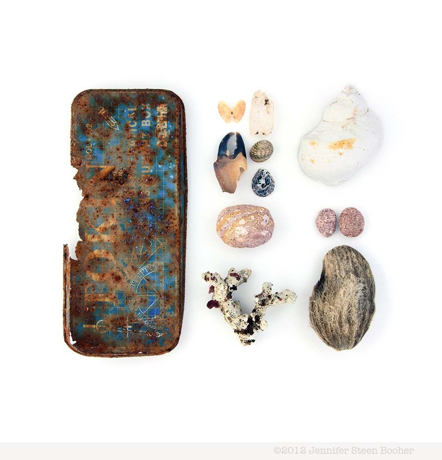 Fiji Beachcombing series No.7 - 12 x 12 beachcombing photograph - crab claw, beach stone, coconut seed, seashell, coral