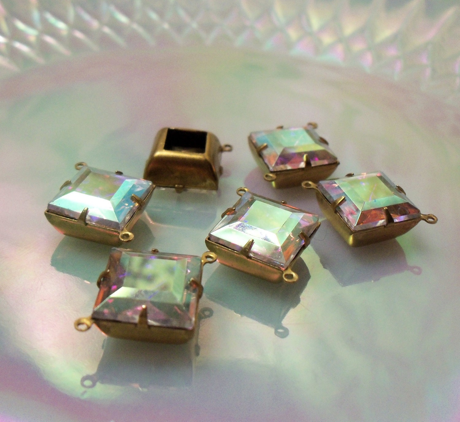 Destash 6 14mm Vintage Northern Bohemia Czech Glass Crystal AB Squares In 2 Ring Brass Settings