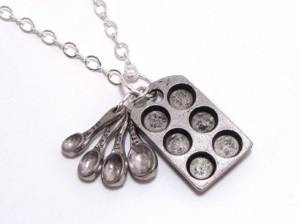 Muffin Pan And Measuring Spoons, Cupcake Bakers, Baking Theme, Charm Silver Necklace