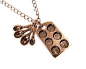 Muffin Pan And Measuring Spoons Necklace Antiqued Copper Cupcake Pan  Baking Theme Jewelry