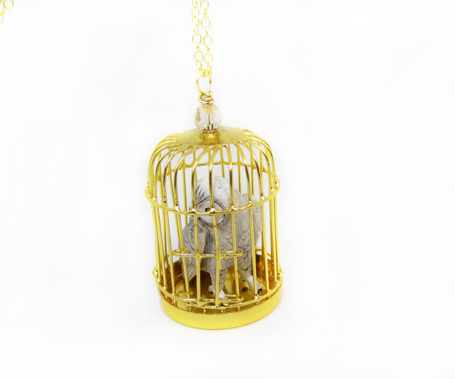 Snowy Owl In Birdcage Necklace