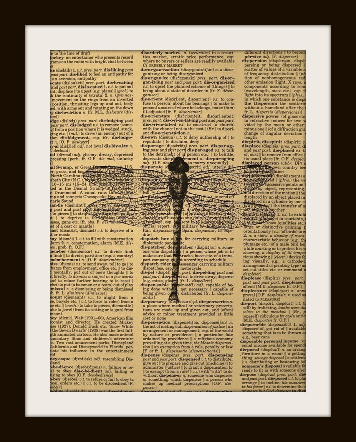 Art Print DRAGONFLY 8x10 Dictionary Gold Gulided Vintage Page free worldwide shipping