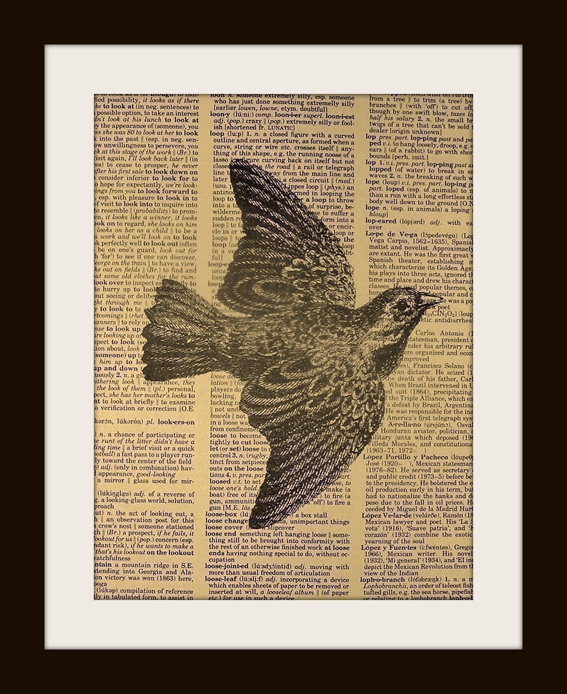 Art Print BIRD 8x10 Dictionary Gold Gilded Vintage Page