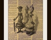 Alice in Wonderland CHESS PIECES Art Print on Vintage Dictionary Page 8x10