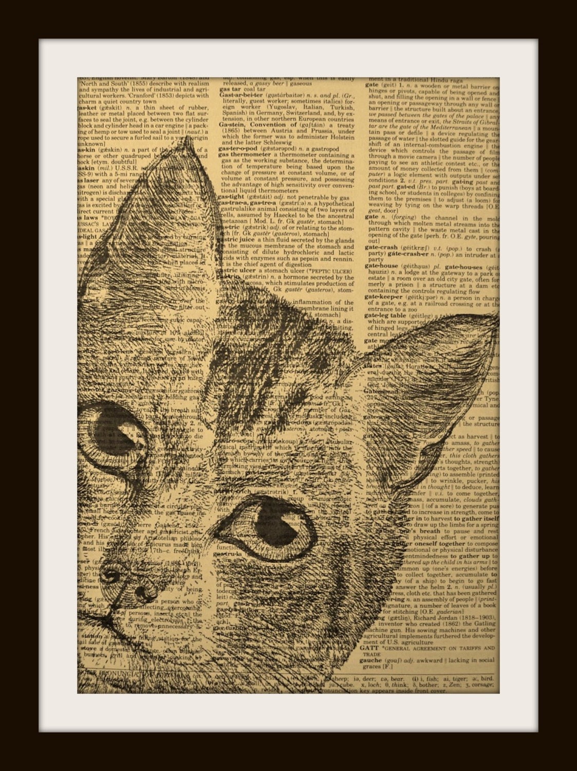 Art Print CURIOUS CAT 8x10 Dictionary Gold Gilded Vintage Page Free Shipping to USA