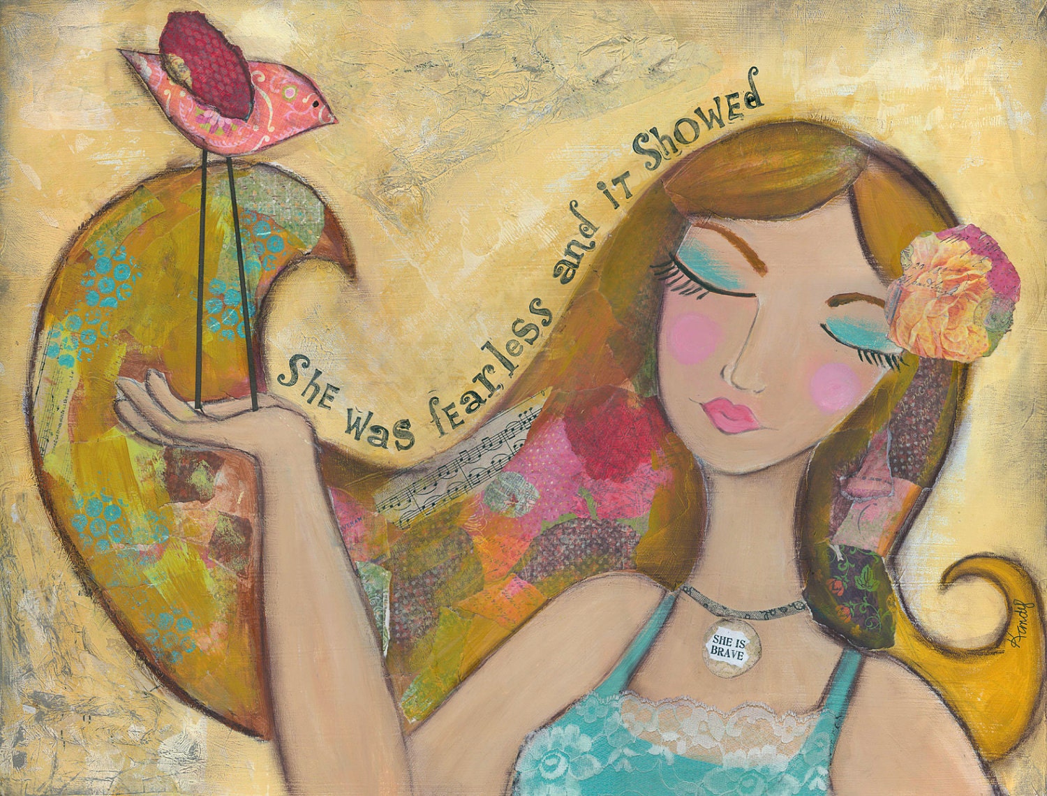 She Was Fearless and it Showed...8 x 10 print...from original mixed media painting and collage by Kandy Myny Girl Bird Yellow