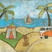 Beachtime Whimsey... 8 x 12 print...from original mixed media painting and collage by Kandy Myny Palm Trees Sand Sail boat Beach