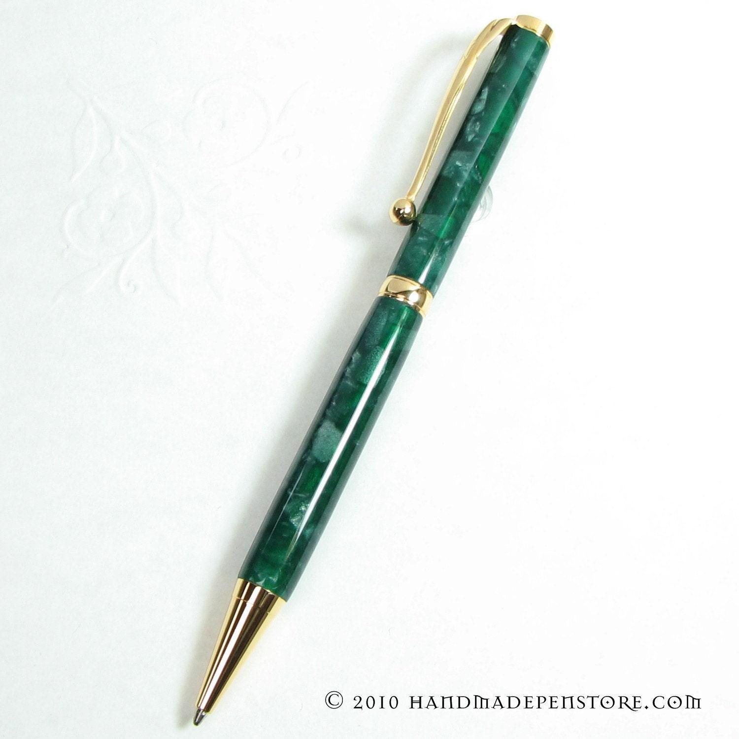 GREEN FLAKE Acrylic pen with GOLD Titanium Nitride - Handmade Cross Style Ball-Point Pen - handmadepenstore