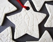 3 sets for 2 - Christmas decorations 6 red & white stars Lace texture porcelain ceramic Holiday ornaments Christmas tree decorations