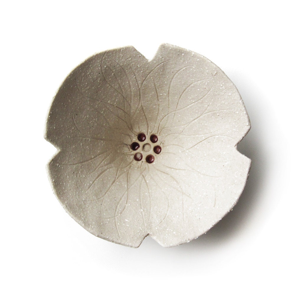 Ceramic bowl Cream poppy flower with ruby red details in stoneware pottery Sculpture Feminine home decor Candle holder