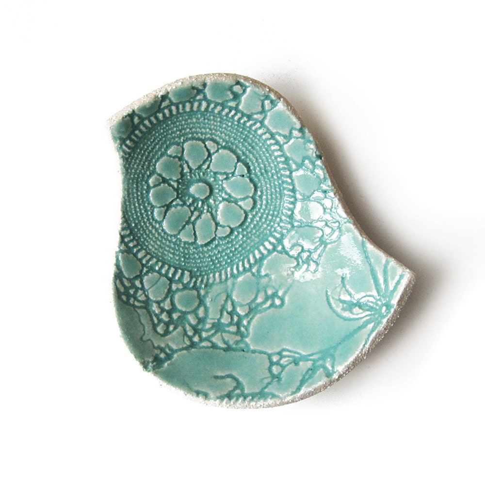 Mothers day gift Ceramic bird bowl Seafoam turquoise pottery Vintage lace texture Soap dish Candle holder Home decor gift for her under 25