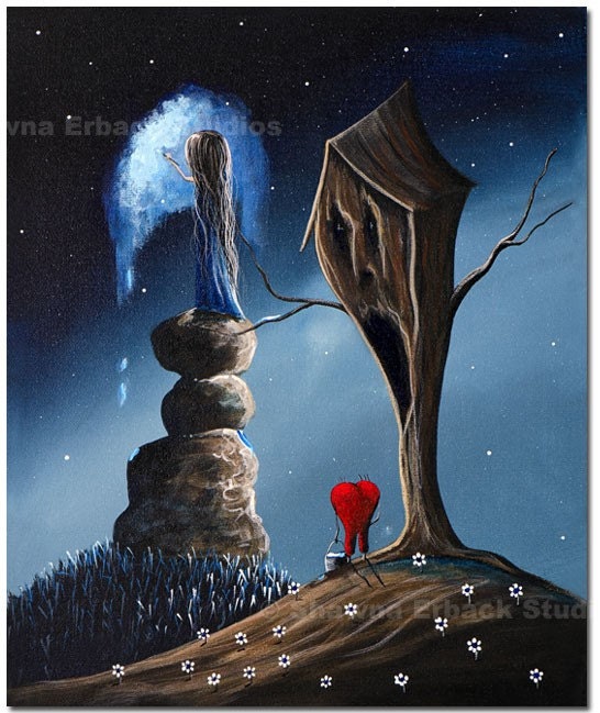GOTHIC FANTASY ART print erback heart tree surreal fantasy rocks girl blue sky tree house brown flowers