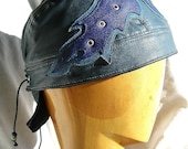 Gray/ Blue Leather Flames Skullcap w/  Peace Sign