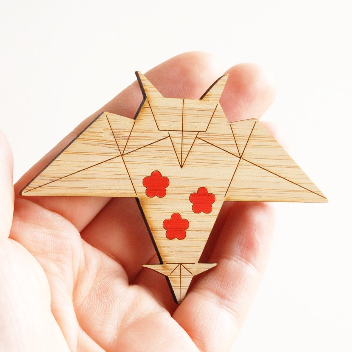 Origami Owl in Flight Brooch - Sustainable Bamboo and Hand Painted