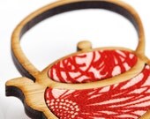 Teapot  Brooch - Vintage Kimono Fabric with Handpainted Sustainable Bamboo
