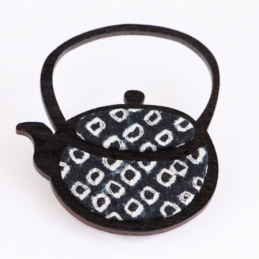 Teapot  Brooch - Vintage Kimono Fabric with Handpainted Sustainable Bamboo