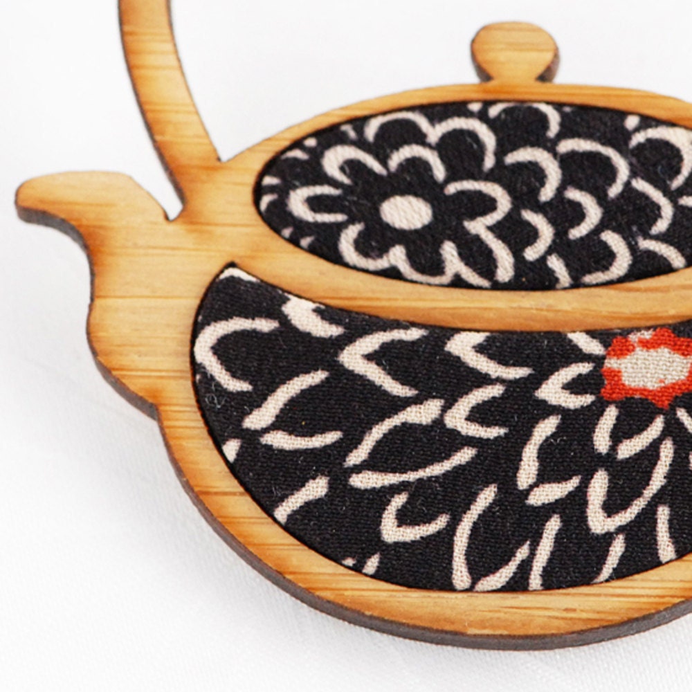 Teapot  Brooch - Vintage Kimono Fabric with Handpainted Sustainable Bamboo