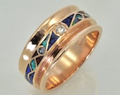 Wide 14k Rose Gold Mosaic Inlay Band with Diamond Center Stone