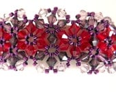 Red Purple Flower Cuff Bracelet, Swarovski Crystal Beaded Bracelet, Crystal Woven Bracelet, Beadweaving