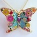 Butterfly Pendant Necklace, Aqua Pink Yellow Green Gold Flowers Butterfly Pendant, Spring Summer Fun Colorful, Mother's Day