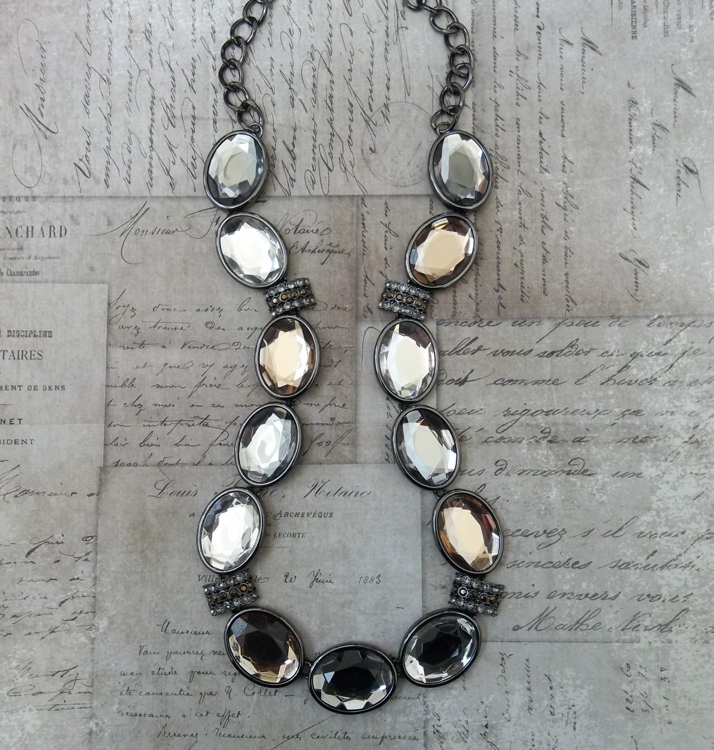 ON SALE Les Bijoux Champagne, Silver, Mocha, And Gunmetal Crystal Rhinestone Wedding Statement Necklace With Gunmetal Hardware & Chain