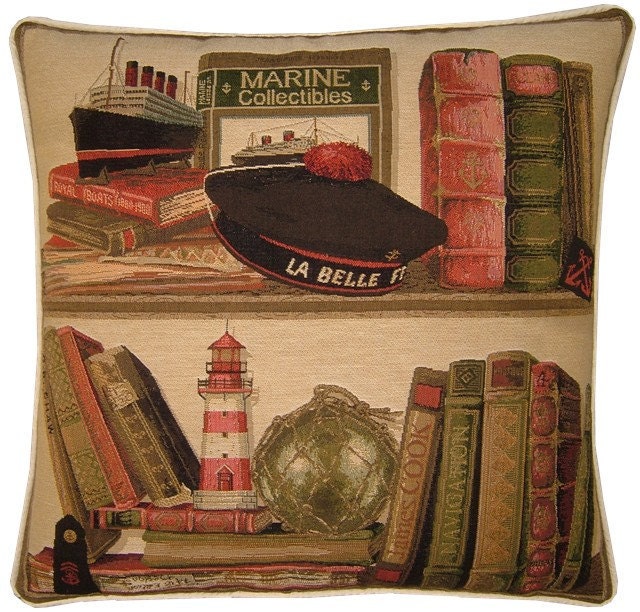 Library Theme Nautical Sailors Hat Tapestry Cushion Cover Sham