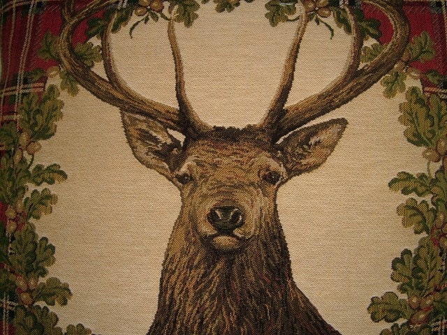 Stags Head Red Tartan Woven Tapestry Cushion Cover Sham
