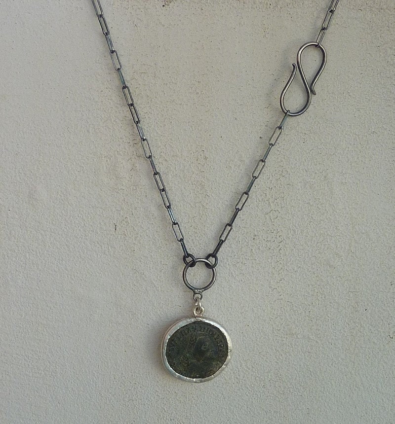 Antique Roman coin necklace,Statement necklace, ancient coin necklace sterling silver chain, Roman coin pendant
