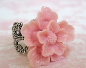 Cherry Blossom In Light Pink Antique Silver Adjustable Ring