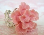 Cherry Blossom In Light Pink Silver Adjustable Ring