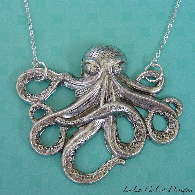 Grande Octopus In Antique Silver Necklace