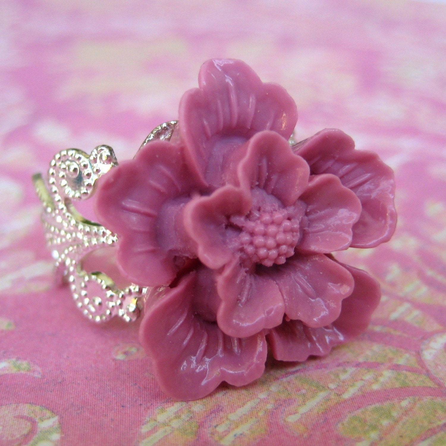 Cherry Blossom In Mauve Silver Adjustable Ring