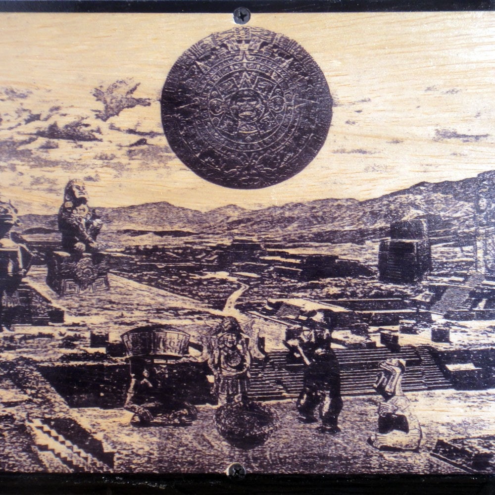 OO, ruins, Teotihuacan, print on wood. Mexican, Central American theme 9x13