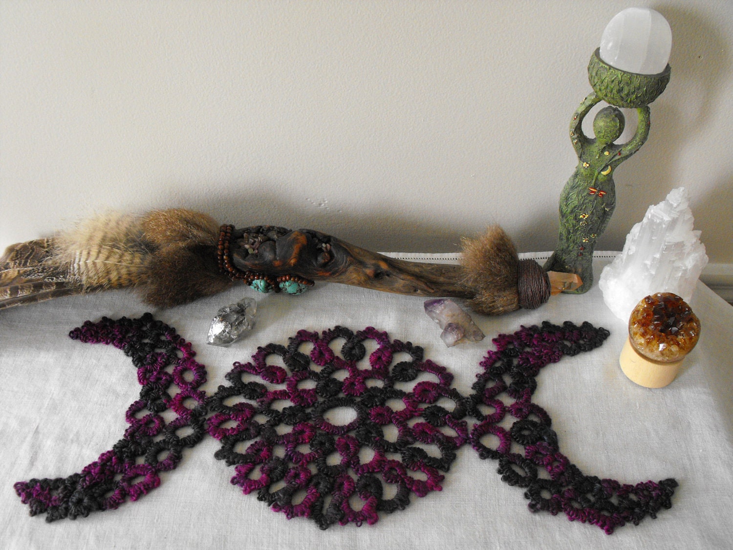 Reserved for Toni Triple Goddess Altar or Candle Mat Needle tatted in a Black & Purple Wool Silk Blend
