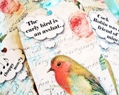 Bird Tags Surly Bird Tags Robin Tags floral pink roses digital collage with cranky balloon thoughts